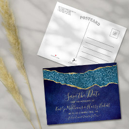 Elegant Navy Blue Agate Wedding speichern das Datu Ankündigungspostkarte