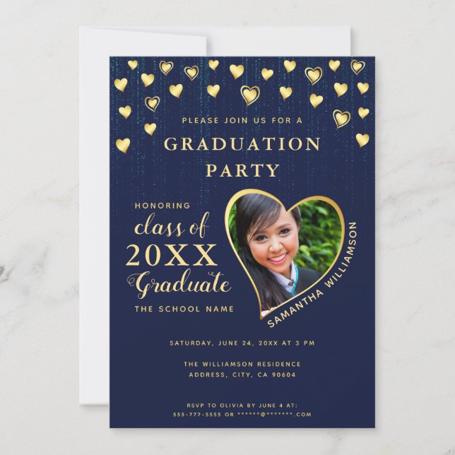 Elegant Navy Blue and Gold Class 2025 Abschluss Einladung (Vorderseite)