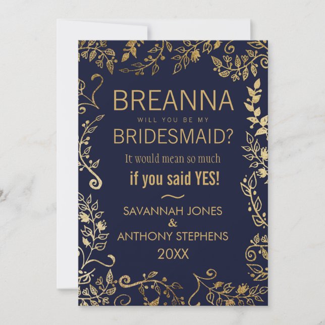 Elegant Navy Blue and Gold Floral Bridesmaids Einladung (Vorderseite)