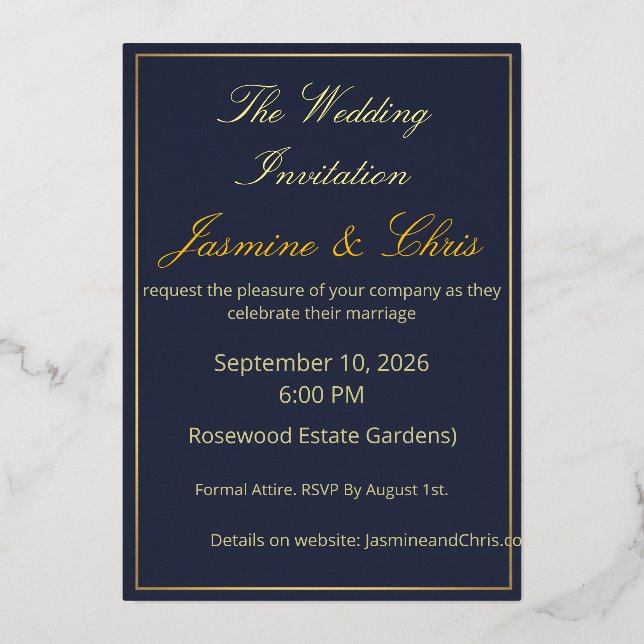 Elegant Navy Blue and Gold Foil Wedding Invitation Folieneinladung (Vorderseite)