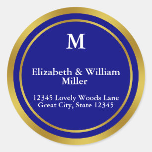 Elegant Navy Blue and Gold Monogram Address Runder Aufkleber