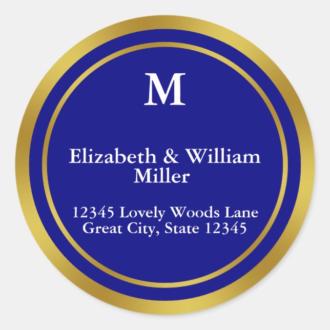 Elegant Navy Blue and Gold Monogram Address Runder Aufkleber (Vorderseite)
