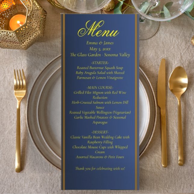 Elegant Navy Blue and Gold Wedding Menu Card (Créateur téléchargé)