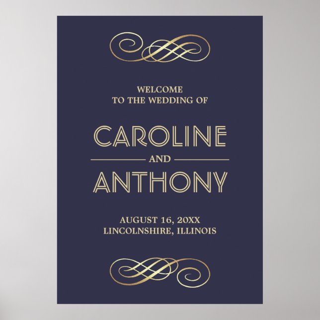 Elegant Navy Blue | Begrüßungszeichen für Gold Poster (Vorne)