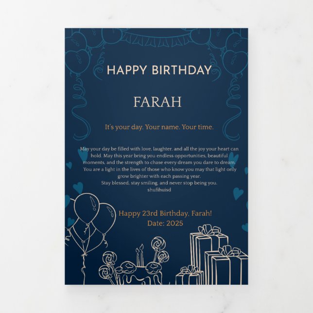 Elegant Navy Blue Birthday Card Dreifach Gefaltete Karte (Cover)
