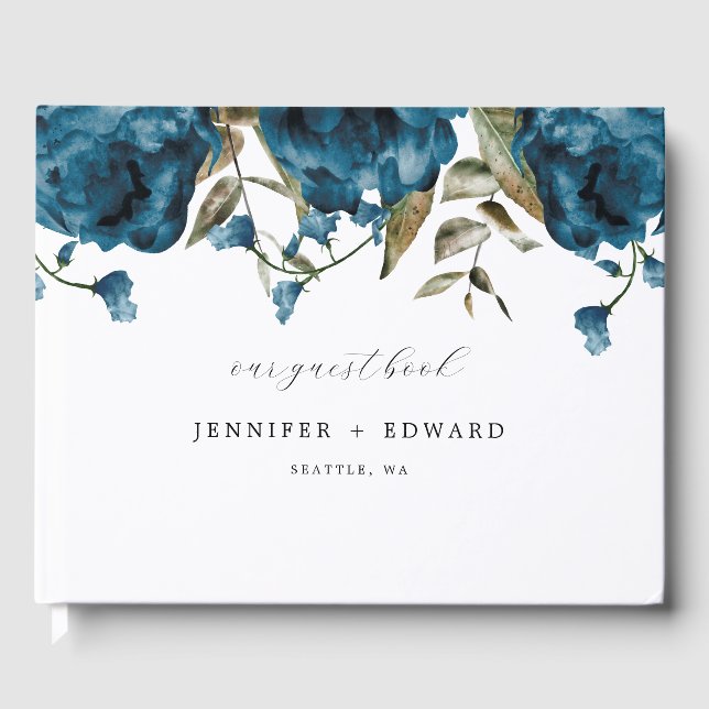 Elegant Navy Blue Blume Wedding Gästebuch (Vorderseite)