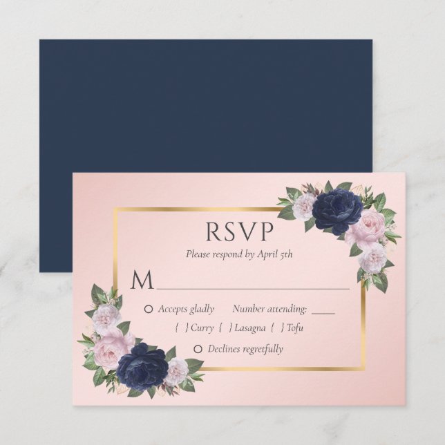 Elegant Navy Blue Blush Gold Wedding RSVP Cards (Vorne/Hinten)