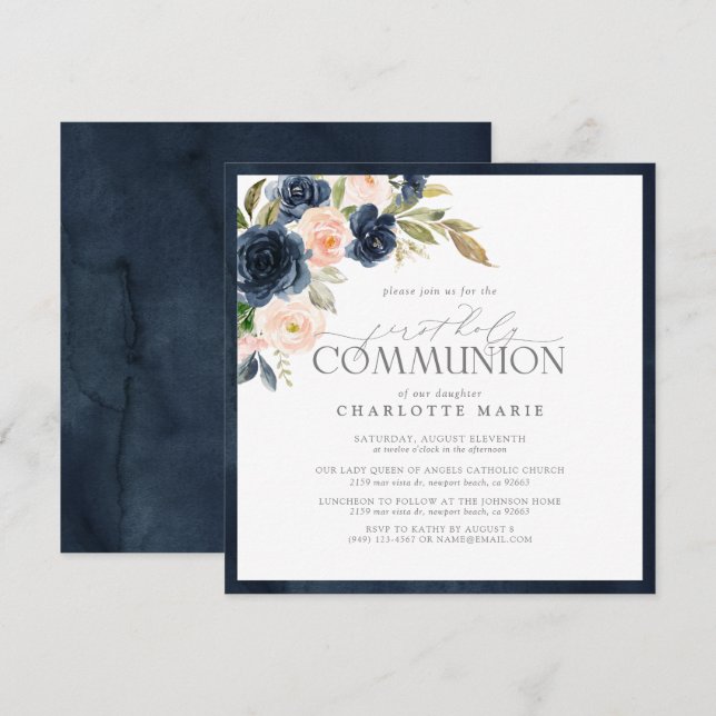 Elegant Navy Blue Blush Pink Floral Heilige Kommun Einladung (Vorne/Hinten)