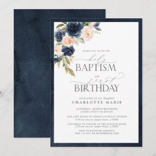 Elegant Navy Blue Blush Pink Taufe 1. Geburtstag Einladung