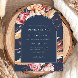 Elegant Navy Blue Boho Chic Floral Wedding Einladung