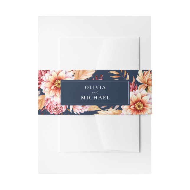 Elegant Navy Blue Boho Chic Floral Wedding Einladungsbanderole (Vorderseite Beispiel)