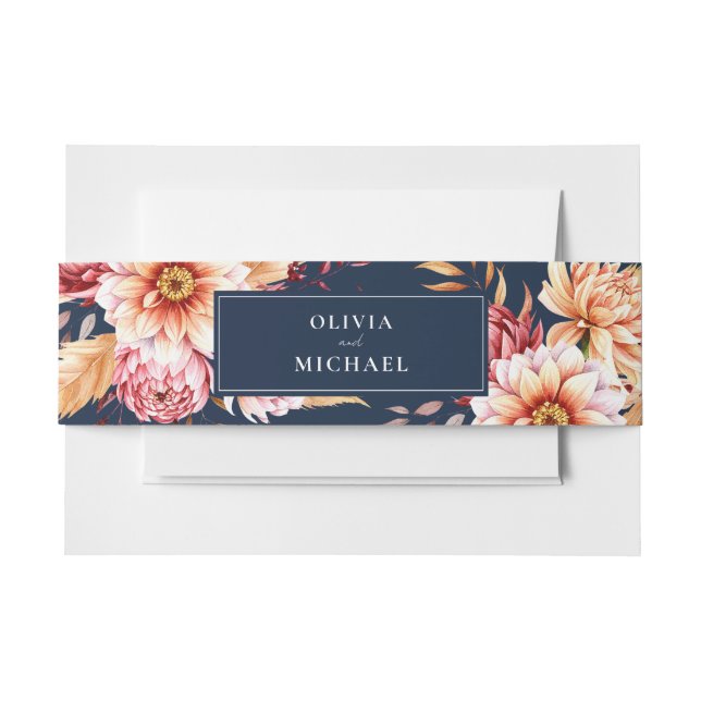 Elegant Navy Blue Boho Chic Floral Wedding Einladungsbanderole (Vorderseite Beispiel)