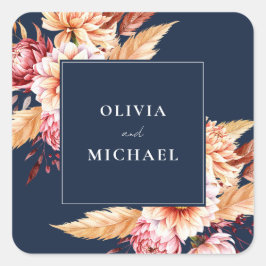 Elegant Navy Blue Boho Chic Floral Wedding Quadratischer Aufkleber