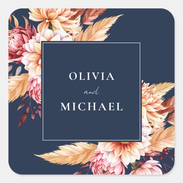 Elegant Navy Blue Boho Chic Floral Wedding Quadratischer Aufkleber (Vorderseite)