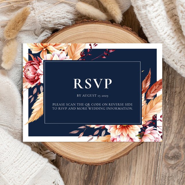 Elegant Navy Blue Boho Chic Floral Wedding RSVP Karte (Von Creator hochgeladen)