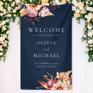 Elegant Navy Blue Boho Chic Floral Wedding Willkom Banner