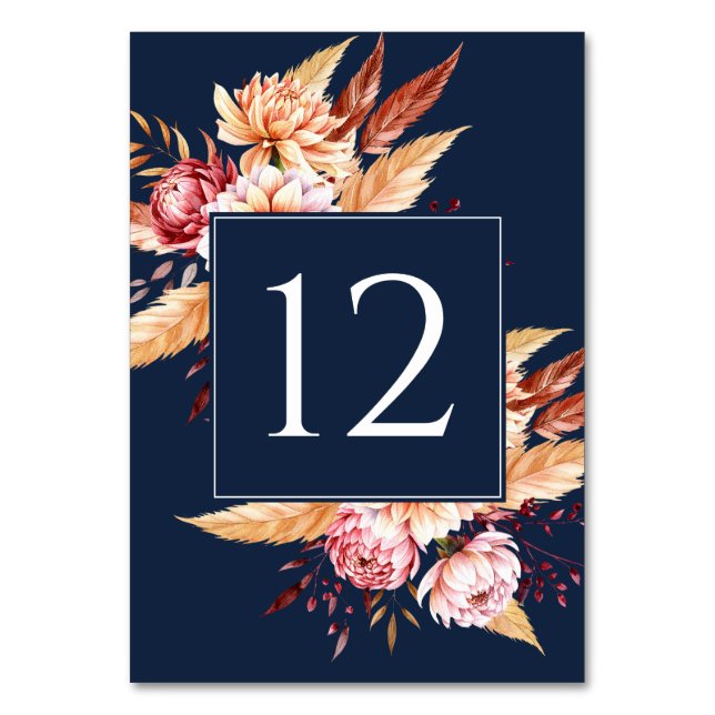 Elegant Navy Blue Boho Floral Wedding Tischnummer (Vorderseite)