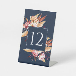 Elegant Navy Blue Boho Floral Wedding Tischnummer Sockelschild
