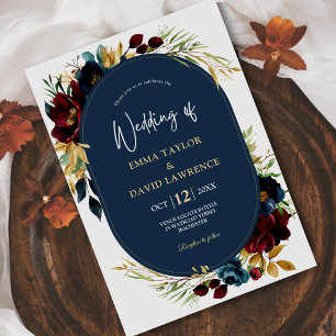 Elegant Navy Blue Bordeaux Blumenhochzeit Dankeskarte