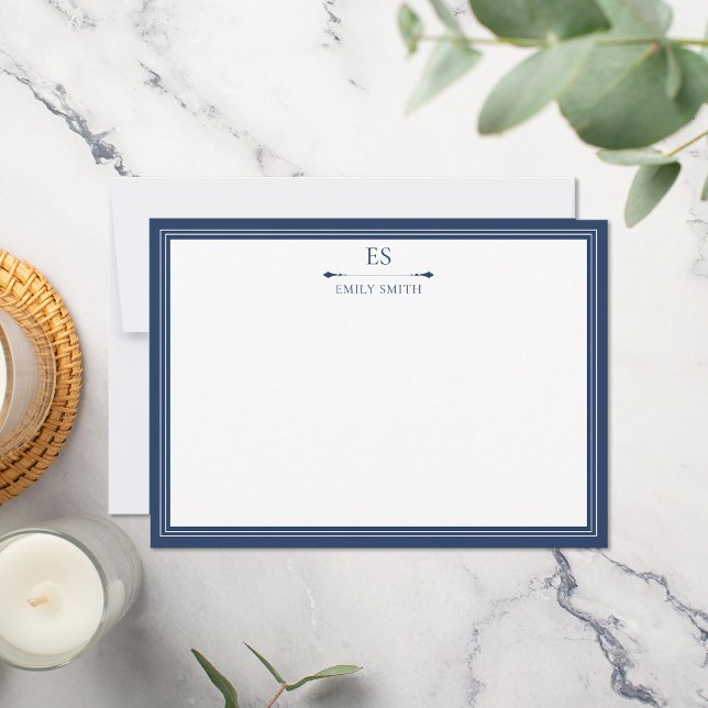 Elegant Navy Blue Border Monogram Mitteilungskarte (Von Creator hochgeladen)