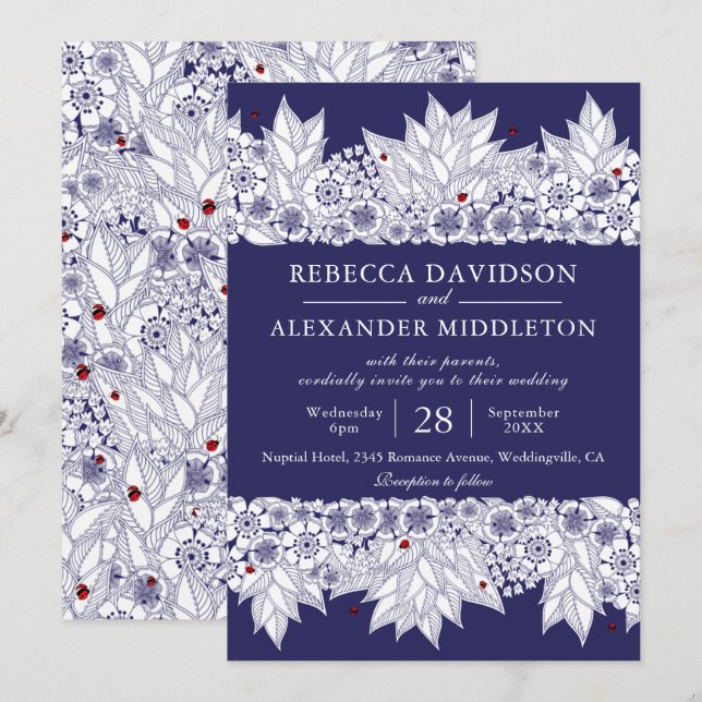 Elegant Navy Blue Botanical Wedding Einladung (Vorne/Hinten)