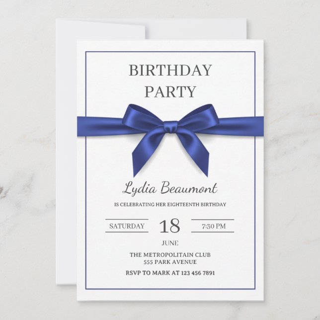 Elegant Navy Blue Bow Birthday Einladung (Vorderseite)