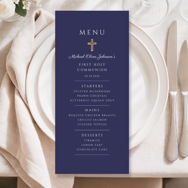 Elegant Navy Blue Boy First Communion Menükarte (Elegant Navy Blue Boy First Communion Menu)