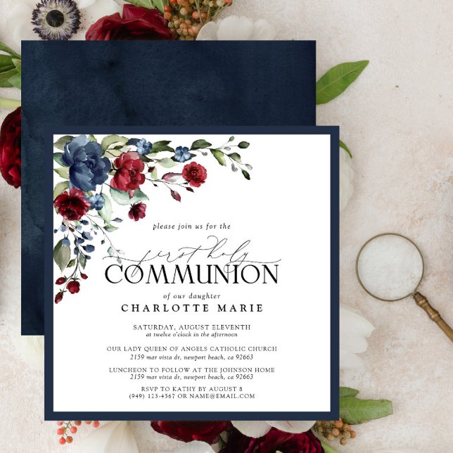 Elegant Navy Blue Burgundy Erste Heilige Kommune Einladung (Von Creator hochgeladen)