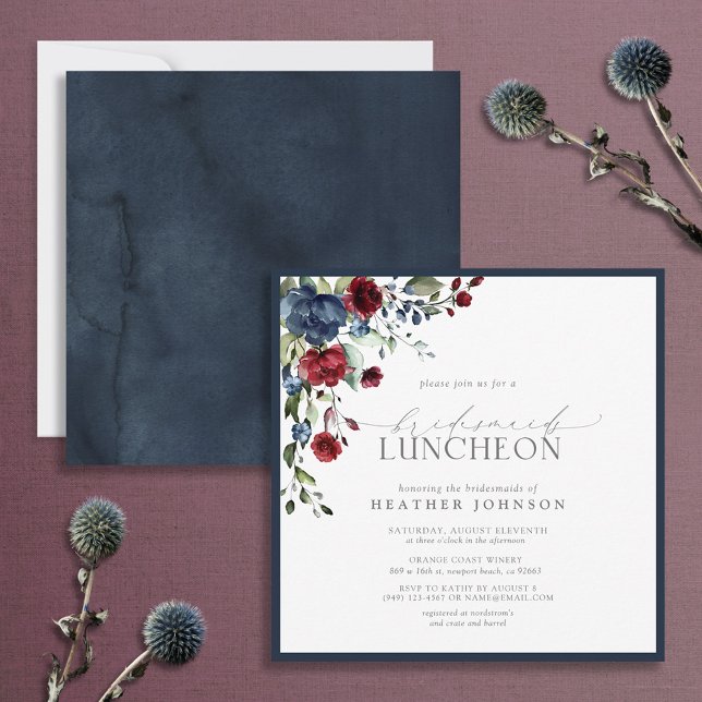 Elegant Navy Blue Burgundy Floral Bridal Luncheon Einladung (Von Creator hochgeladen)