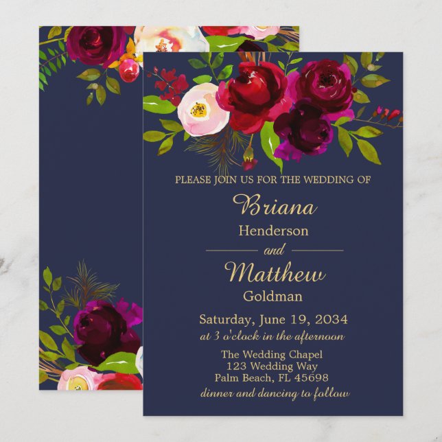 Elegant Navy Blue Burgundy Floral Wedding Einladung (Vorne/Hinten)