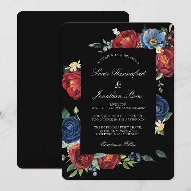 Elegant Navy Blue Burgundy Red Floral Wedding Einladung (Vorne/Hinten)