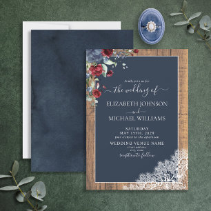 Elegant Navy Blue Burgundy Wood Script Wedding Einladung