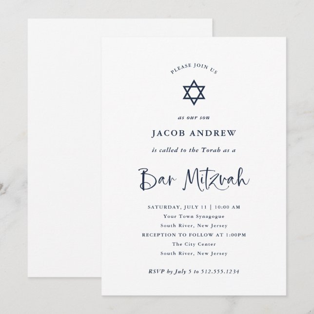 Elegant Navy Blue Calligraphy | Bar Mitzvah Einladung (Vorne/Hinten)