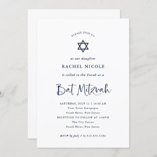 Elegant Navy Blue Calligraphy Bat Mitzvah Einladung