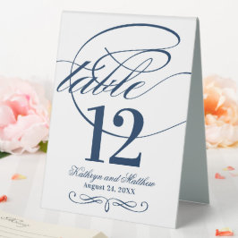 Elegant Navy Blue Calligraphy Script Wedding Tischaufsteller