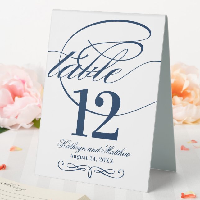 Elegant Navy Blue Calligraphy Script Wedding Tischaufsteller (In Situ (Hochzeit))