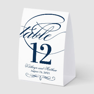 Elegant Navy Blue Calligraphy Script Wedding Tischaufsteller