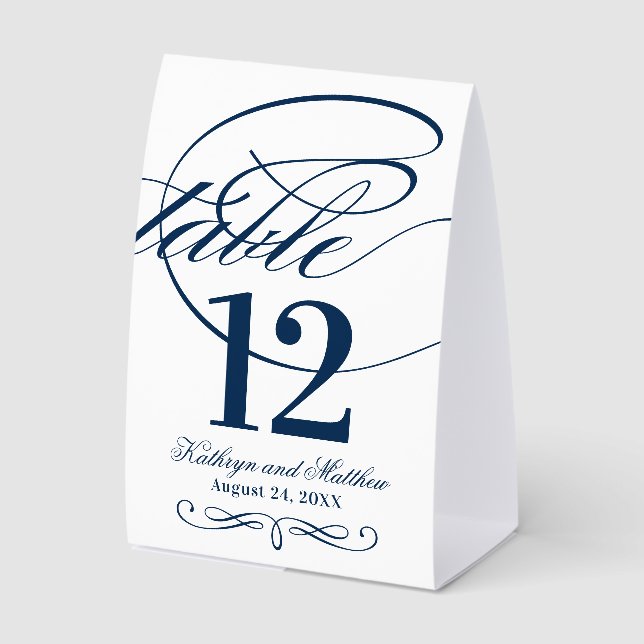 Elegant Navy Blue Calligraphy Script Wedding Tischaufsteller (Vorderseite)