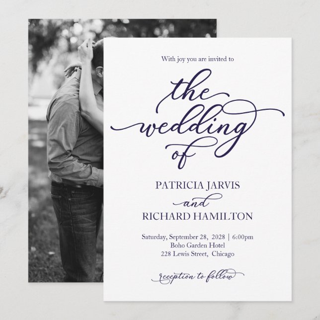 Elegant Navy Blue Calligraphy Wedding Einladung (Vorne/Hinten)