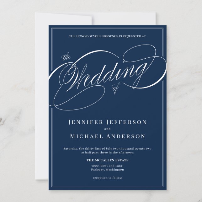 Elegant Navy Blue Classic Calligraphy Wedding Einladung (Vorderseite)