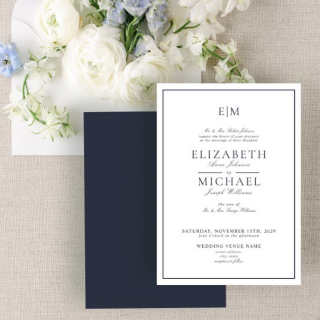 Elegant Navy Blue Classic Script Monogram Wedding Einladung (Von Creator hochgeladen)