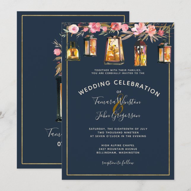 Elegant Navy Blue Coral Floral Gold Lights Einladung (Vorne/Hinten)