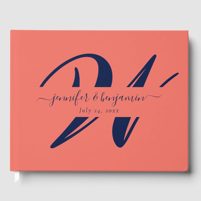 Elegant Navy Blue Coral Script Monogram Wedding Gästebuch (Vorderseite)