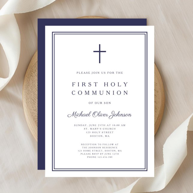 Elegant Navy Blue Cross Boy Erste Heilige Kommune Einladung (Elegant Navy Blue Cross Boy First Holy Communion Invitation)