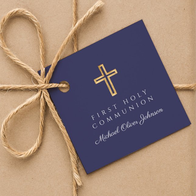 Elegant Navy Blue Cross Boy First Communation Geschenkanhänger (Elegant Navy Blue Cross Boy First Communion Favor Tags)