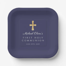 Elegant Navy Blue Cross Boy First Communation Pappteller