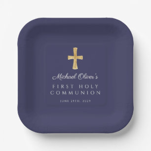 Elegant Navy Blue Cross Boy First Communation Pappteller