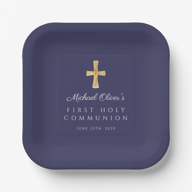 Elegant Navy Blue Cross Boy First Communation Pappteller (Vorderseite)