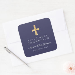Elegant Navy Blue Cross Boy First Communation Quadratischer Aufkleber
