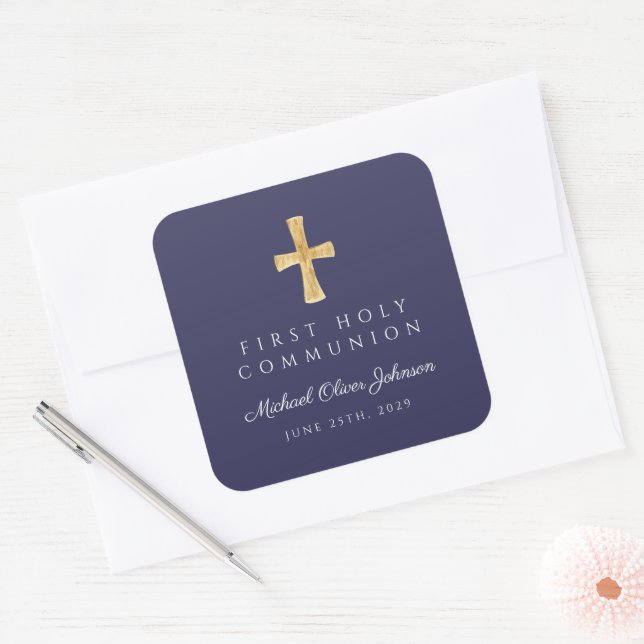 Elegant Navy Blue Cross Boy First Communation Quadratischer Aufkleber (Umschlag)